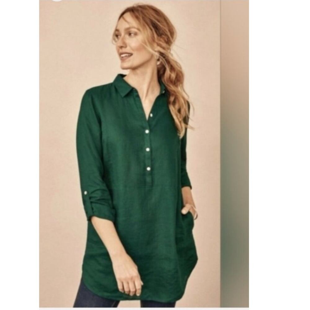 J. Jill Love Linen Tunic Top Roll Tab Sleeves Popover Dark Green Large Tall LT